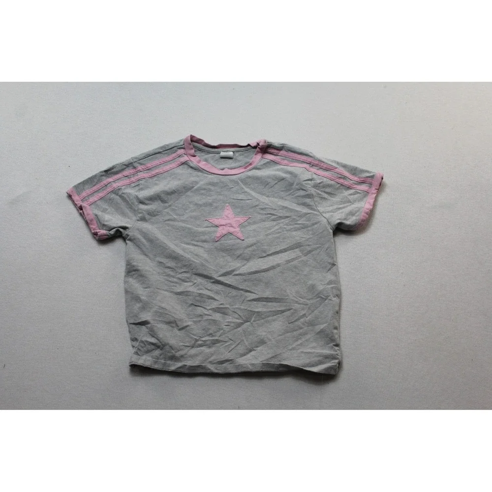 Vibe N Star Ringer Tee Women Large Gray Pink Fair Sporty Stripe Short Sleeve